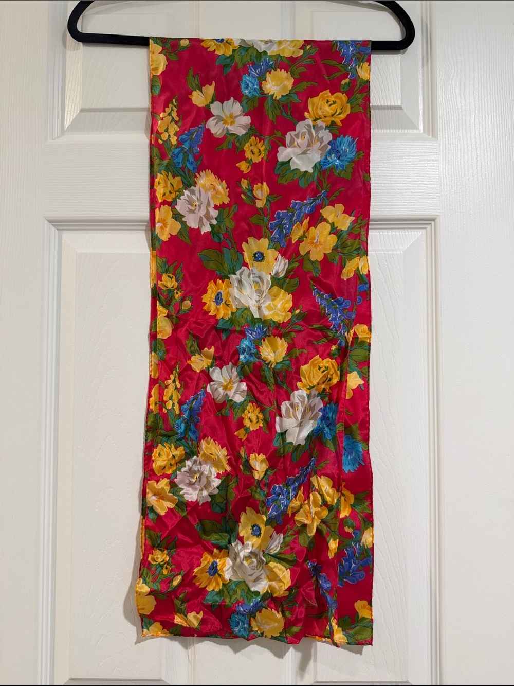 Echo Red Floral Silk Scarf with Yellow & Blue Blooms